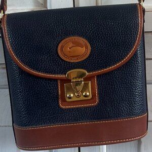 Dooney & Bourke Navy Pebble Grain Bucket Bag with Tan Leather